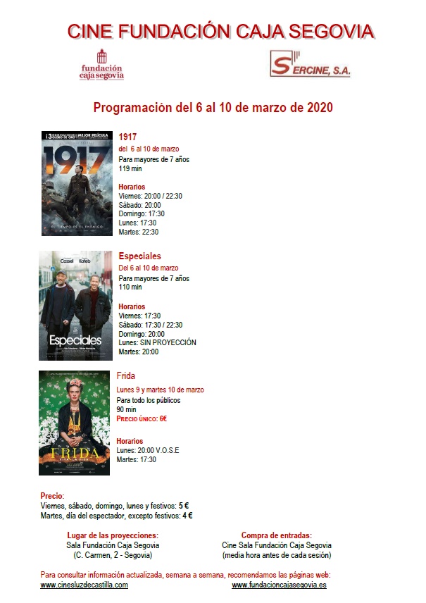 Cine Sala Fundación Caja Segovia programación 6 marzo-10 marzo 2020